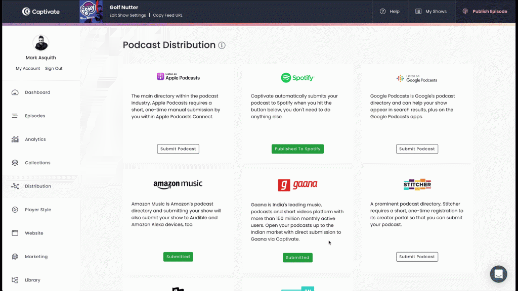 Gaana directly within Captivate's distribution section.