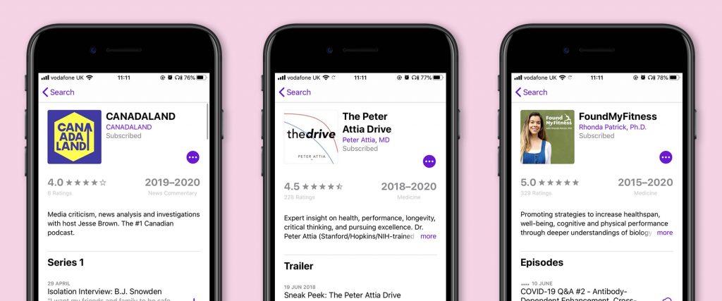 An image depicting 3 iPhones. Each is navigated to the Apple Podcasts subscribe page for Canadaland, The Peter Attia Drive, and FoundMyFitness podcasts.