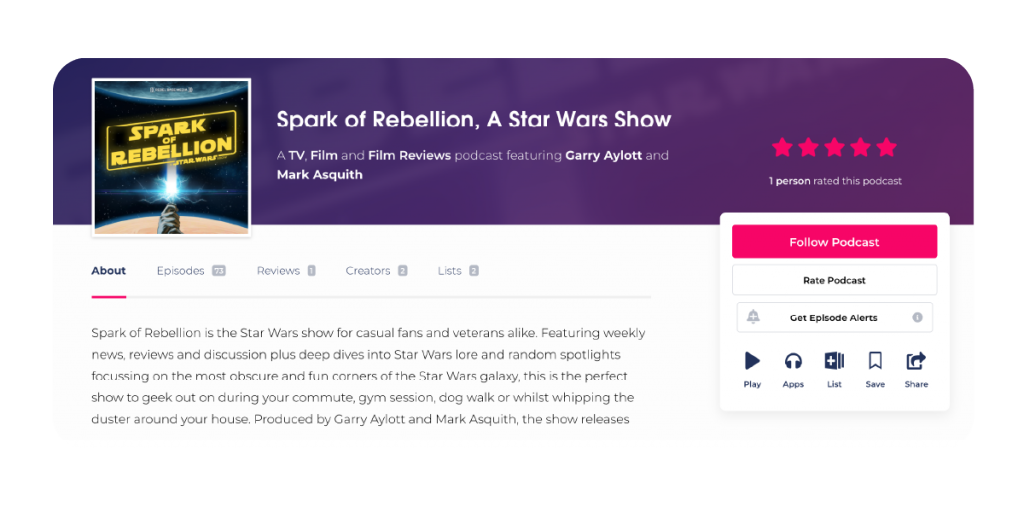 A screenshot of Podchaser's user interface, displaying Spark of Rebellion's reviews. Use features like Podchaser Connect to find and pitch to relevant guests. Claim your profile directly from the Captivate dashboard with our handy integration!