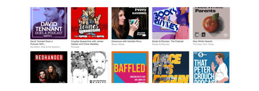 A screenshot of Apple's New & Noteworthy page depicting 10 podcast covers.