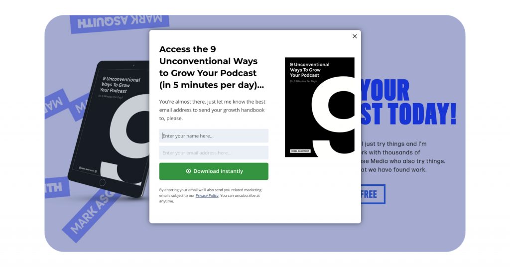 A landing page on MarkAsquith.com has a pop-over lead magnet incentive