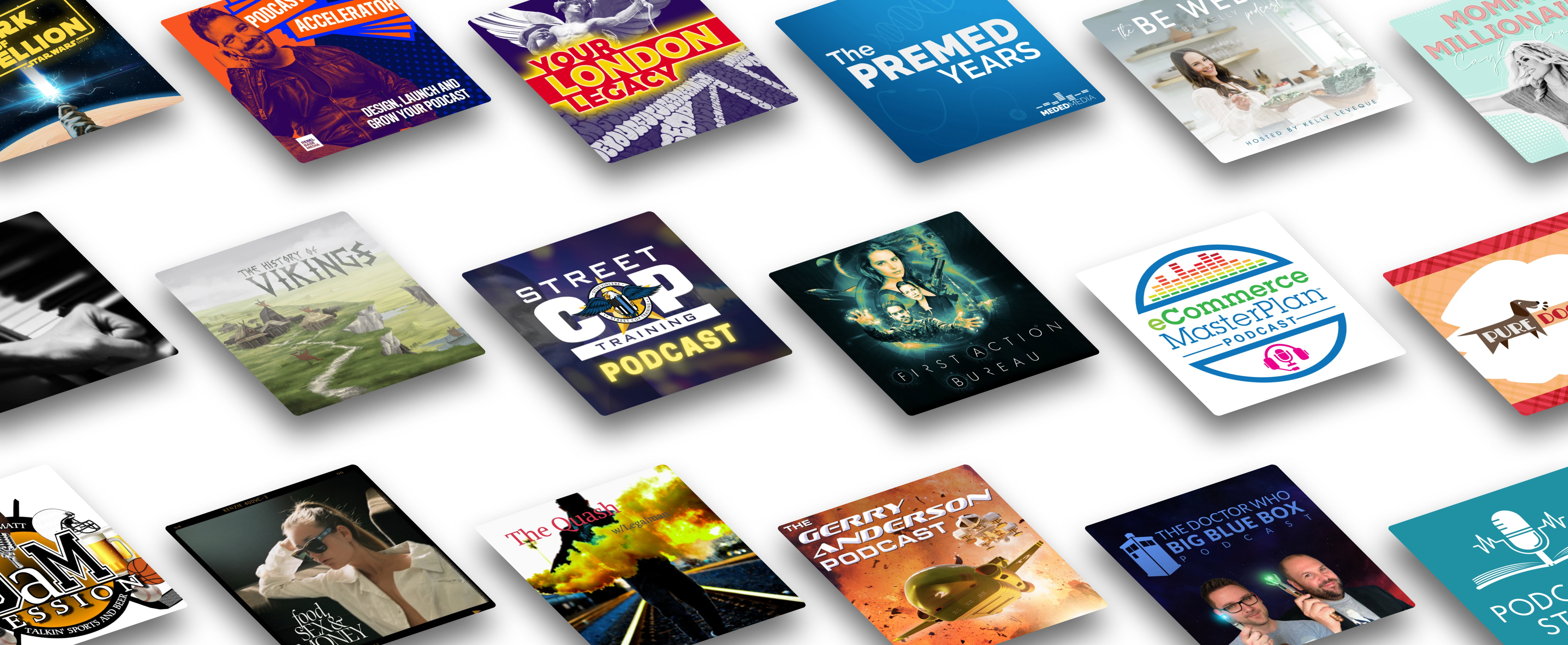 A grid showing a range of podcasts that are hosted and distributed using Captivate