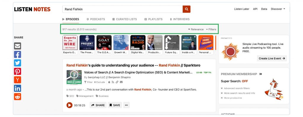 A screenshot of the Listen Notes search results page for Rand Fishkin, showing 917 podcast guesting results.