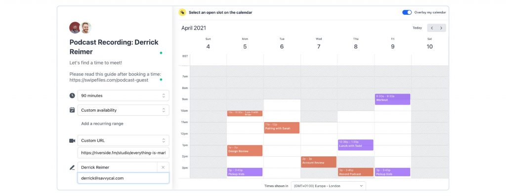 A screenshot of SavvyCal's scheduling dashboard showing personalization options that can be sent to podcast guests.