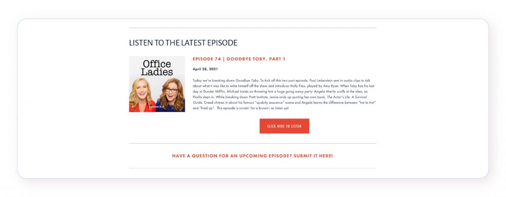 Screenshot of the Office Ladies' podcast website, displaying the latest episode and a call-to-action to contribute to the episode.