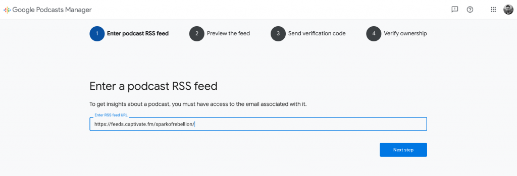 Screenshot of Google Podcasts submission form, showing the entry of a podcast RSS feed.