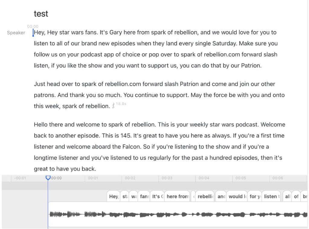 An image of a podcast transcript which has been auto-generated by uploading an mp3 file.